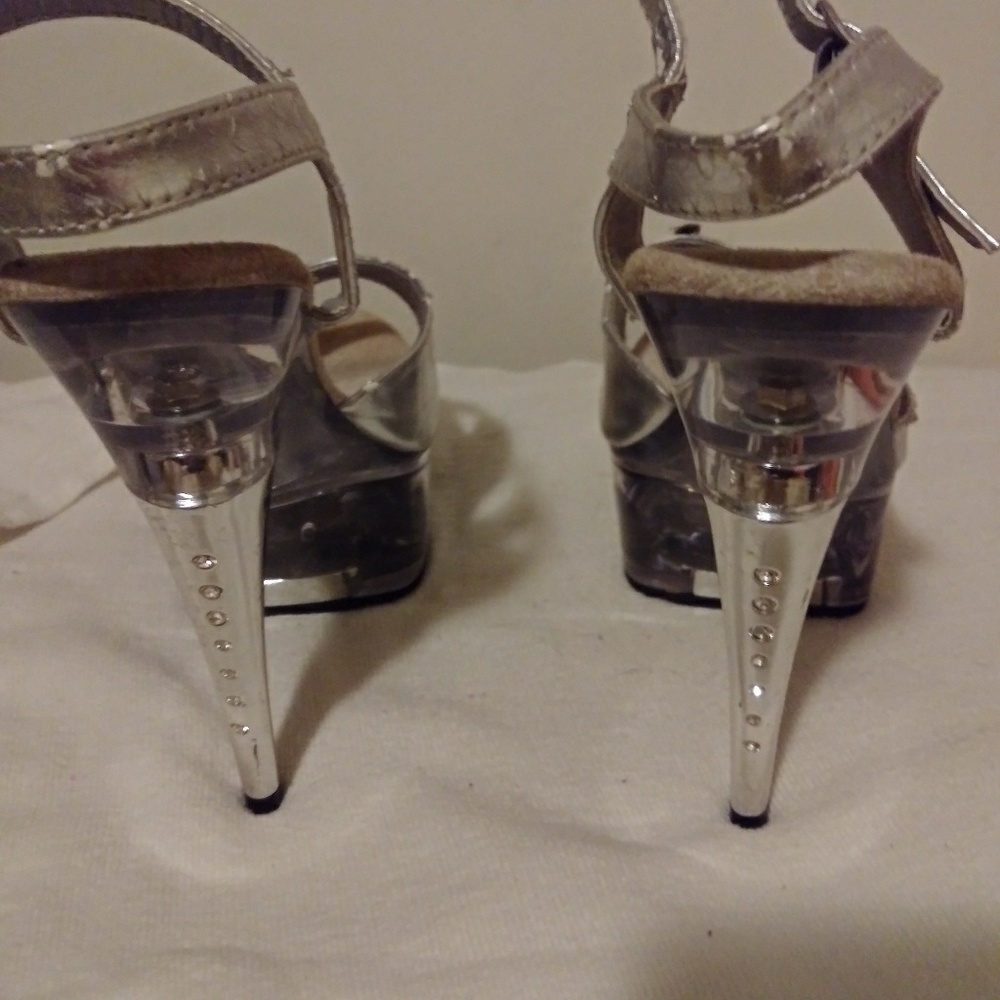 Clear and silver stripper shoes